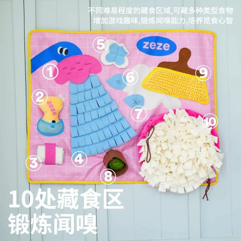 zeze dog hides food, sniffing pad, self-hi, relieves boredom, sounds, smells the blanket, leaks food, puppy pet educational toys