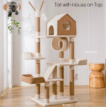 Bubble Tea Coloured Cat Tree Tower - Tall Version with House on top 1.44m - Cat Tree