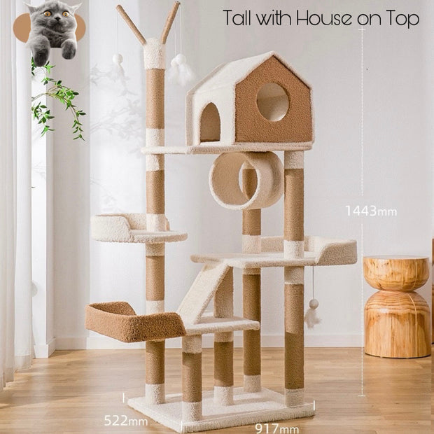 Bubble Tea Coloured Cat Tree Tower - Tall Version with House on top 1.44m - Cat Tree