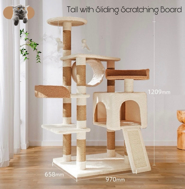 Bubble Tea Coloured Cat Tree Tower - Tall Version with scratching board sliding 1.2m - Cat Tree