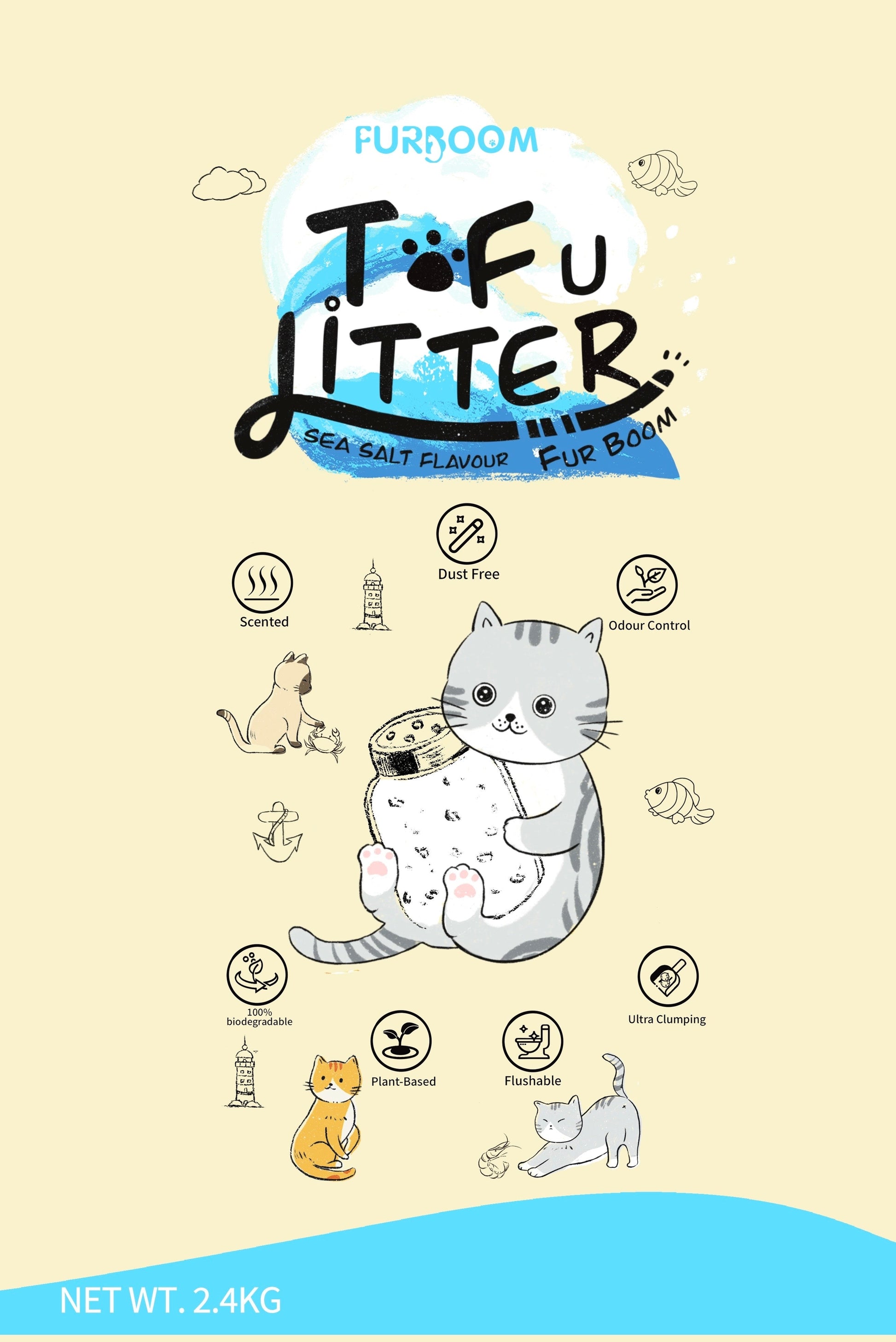 Furboom Tofu Cat Litter (Whole Box 8 x 2.4KG/6L) - Sea Salt (send in plain packaging) - Cat Litter