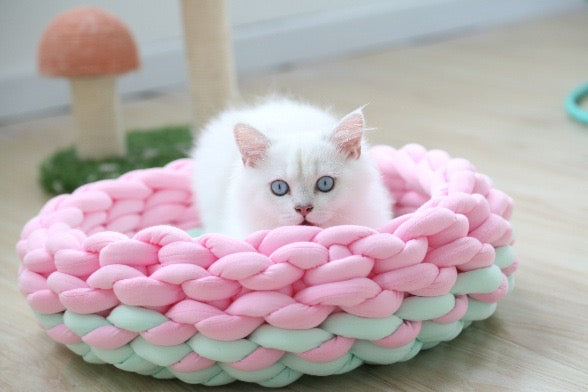 Washable knitted thick basket - Mix of Green and Pink - Cat Bed